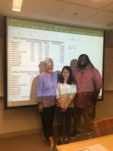Professor Zannoni, Nhat, and James stand in front of a spreadsheet projected on the wall behind them