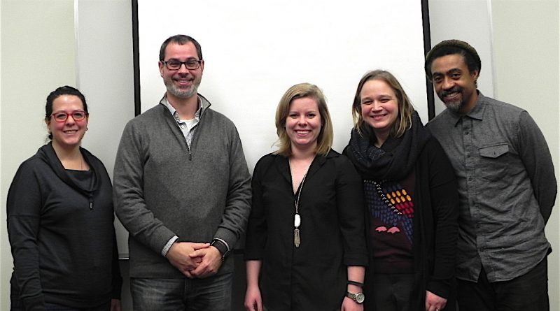 Aidali Aponte-Aviles, Carlos Espinosa, Jennifer Roberts, and Seth Markle pose for a picture at the end of their last Fall 2017 Digital Storytelling Meeting.