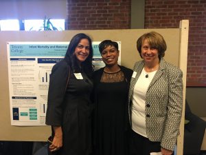 "Maternal Health and Infant Mortality in Hartford, CT" project with the Department of Health and Human Services, Maternal and Infant Outreach Program, City of Hartford. From Left to Right - Elby Gonzalez-Schwapp, Chelsea Armistead '18, and Professor Dina Anselmi.