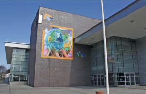 View of main entrance at John C. Daniels Interdistrict Magnet School of International Communication.  