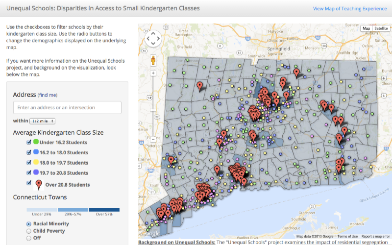 Click map to explore CT Voices - Unequal Schools - kindergarten class size