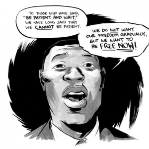 Artwork from March: Book Two of John Lewis speaking at the 1963 March on Washington.