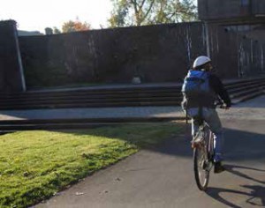 Professor Geiss arriving on campus by bike