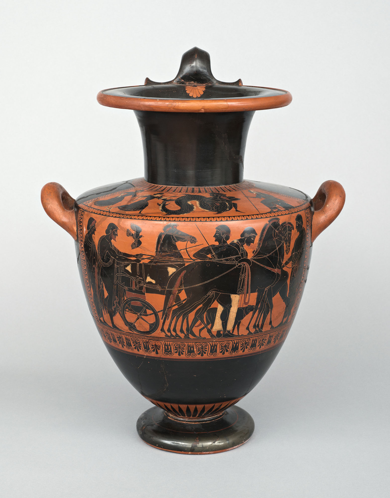 Hydria Greece, Athens, c. 530–500 B.C.E. Psiax Clay, wheelmade, black-figure painted; 18 1/2 x 15 1/2 in. Wadsworth Atheneum Museum of Art The Ella Gallup Sumner and Mary Catlin Sumner Collection Fund, 1961.8