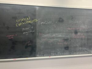 Photo of board with keywords from text written on it