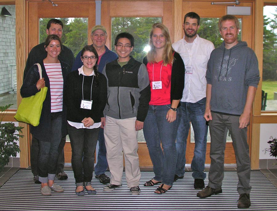 Members of the Trinity Algae Lab attending the 51st Northeast Algal Symposium in April 2012 at the Schoodic Point Education and Research Center, Acadia Nat'l Park, Winter Harbor, Maine. L to R, Thea Popolizio, grad student in URI and Trinity labs; John Perella, honorary member; Gina Filloramo ('10), grad student UNB; Craig Schneider; Todd Chengsupanimit ('14); Amy Kivela ('12); Chris Lane ('99), Assist. Prof. URI; Dan McDevit ('01), Asst. Prof. Edison College.