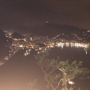 Overlooking the city at night from the vantage point of Sugarloaf Mountain