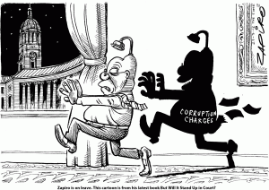 Political cartoon depicting President Zuma being chased by his corruption charges