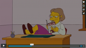 Simpsons cartoon of the teacher who just qualified for Tenure so she stops teaching and goes to relax and read a magazine.