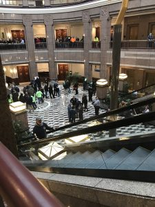 Packed lobby of the Legislative Office Building