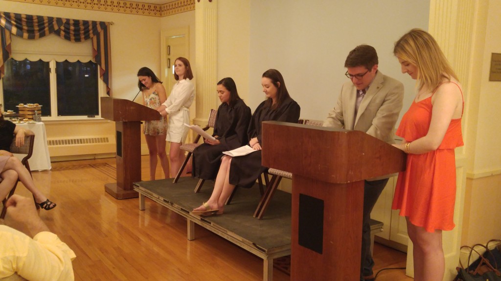 The six seniors in charge of the fundraising campaign performing Public Policy & Law Class of 2016 v. Professor Cabot