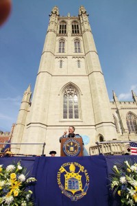 President James F. Jones, Jr., Trinity College’s 21st president, offers remarks during his inauguration on October 17, 2004