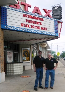 On the road: Tom Shaker (left) and Chris Cowles in front of the Stax Museum of American Soul Music in Memphis, Tenn., where they co-hosted a remote broadcast for WRTC in 2013.